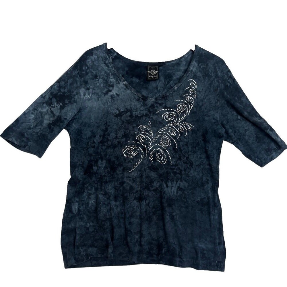 Sledge USA Blue Tie Dye Rhinestone Scroll V Neck Top Women’s XL Made in USA